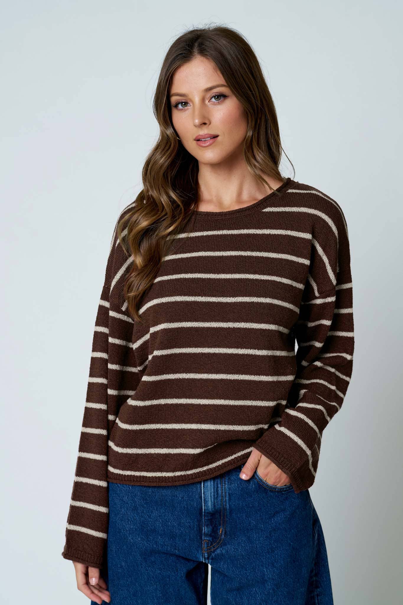 STRIPE TEXTURED RAW EDGE LONG SLEEVE KNIT SWEATER-BACKORDER