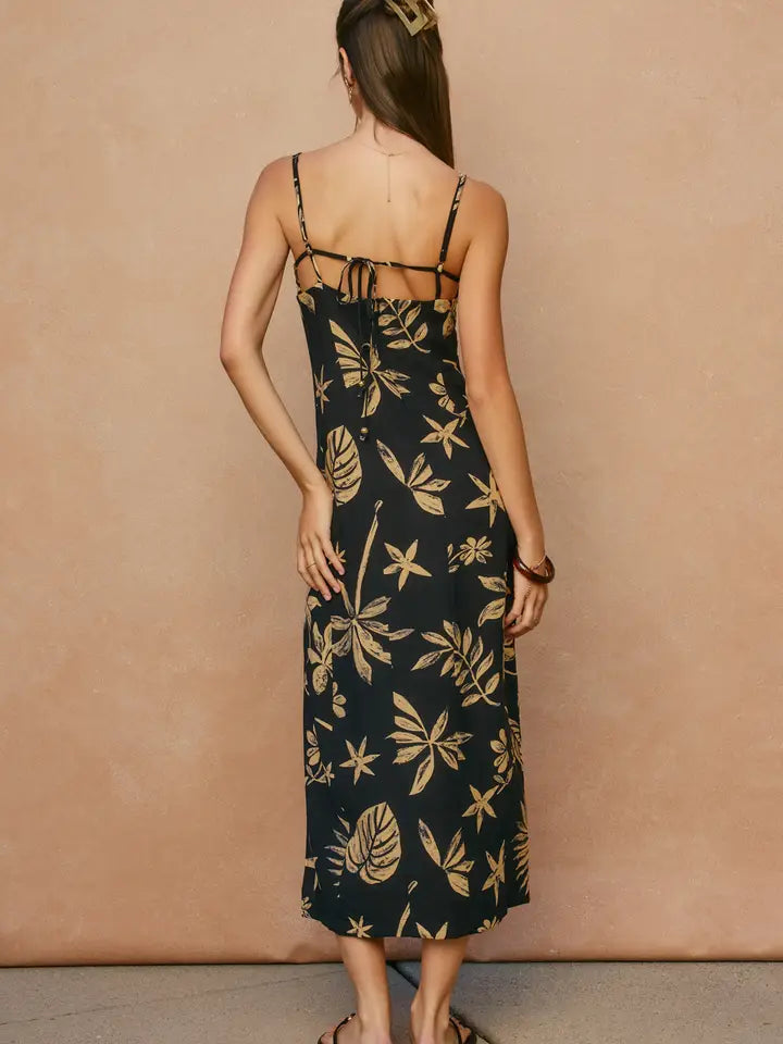 Tropical Leaf Front Slit Midi Dress