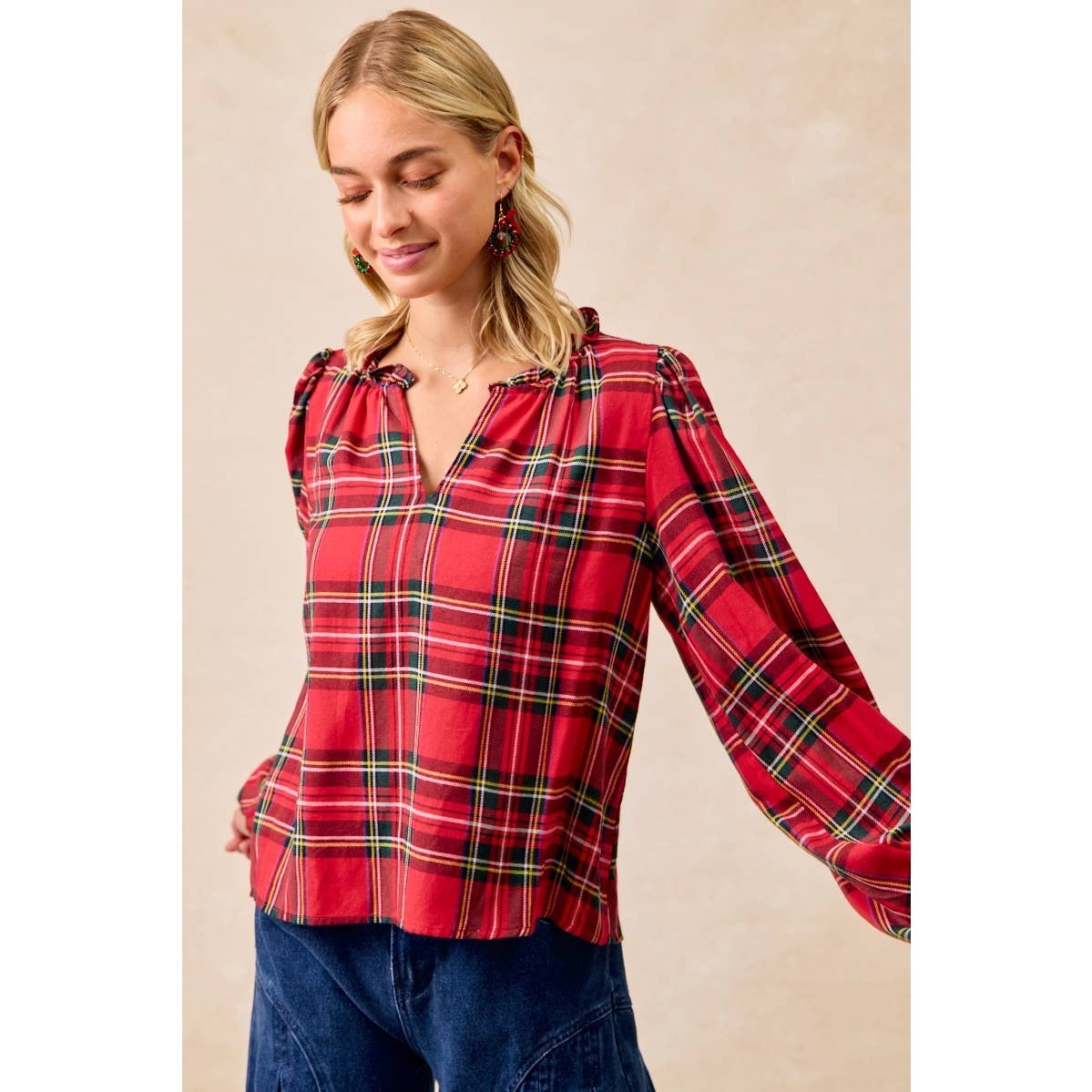 Christmas Plaid Balloon Sleeves Ruffled V-Neck Top