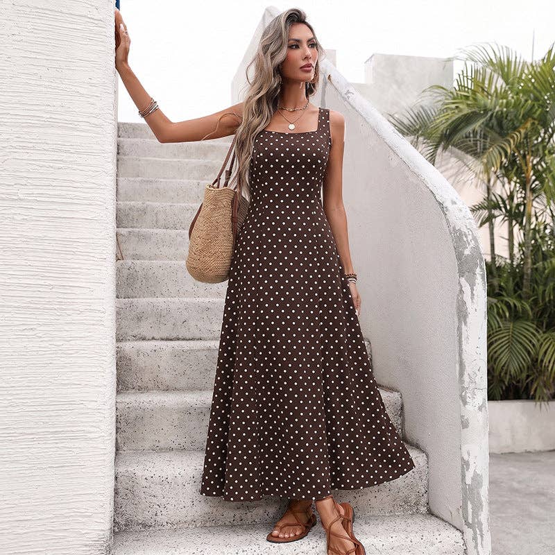 Polka Dot Chiffon Maxi Dress Resort Square Neck