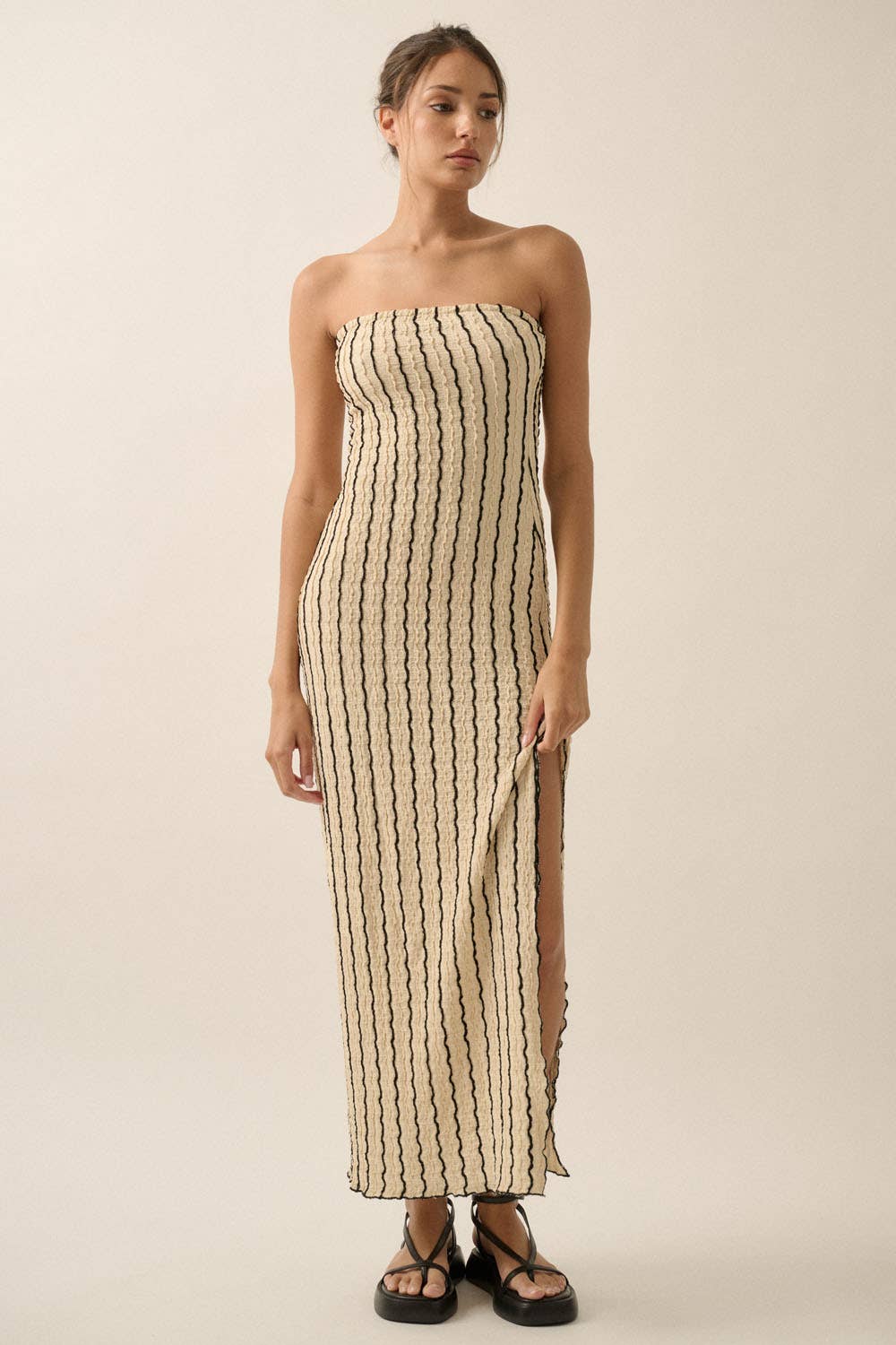 Textured Striped Knit Strapless Maxi Tube Dress