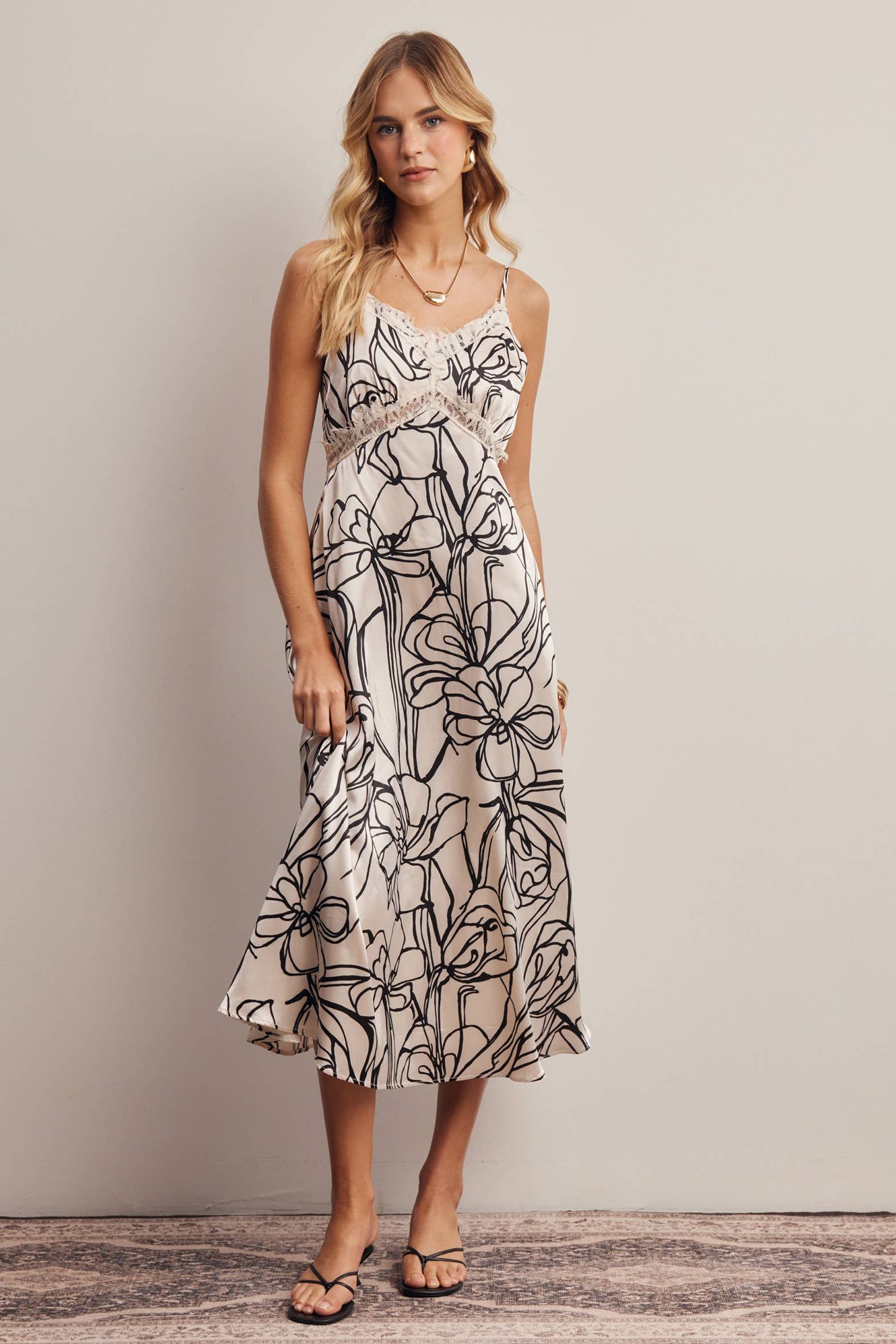 Lace Trim Floral Satin Midi Dress