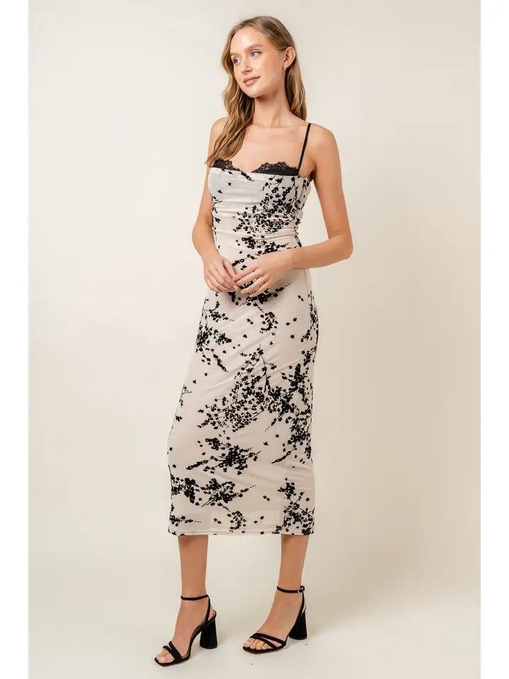 Lace Burn Out Velvet Floral Mesh Midi DRESS-