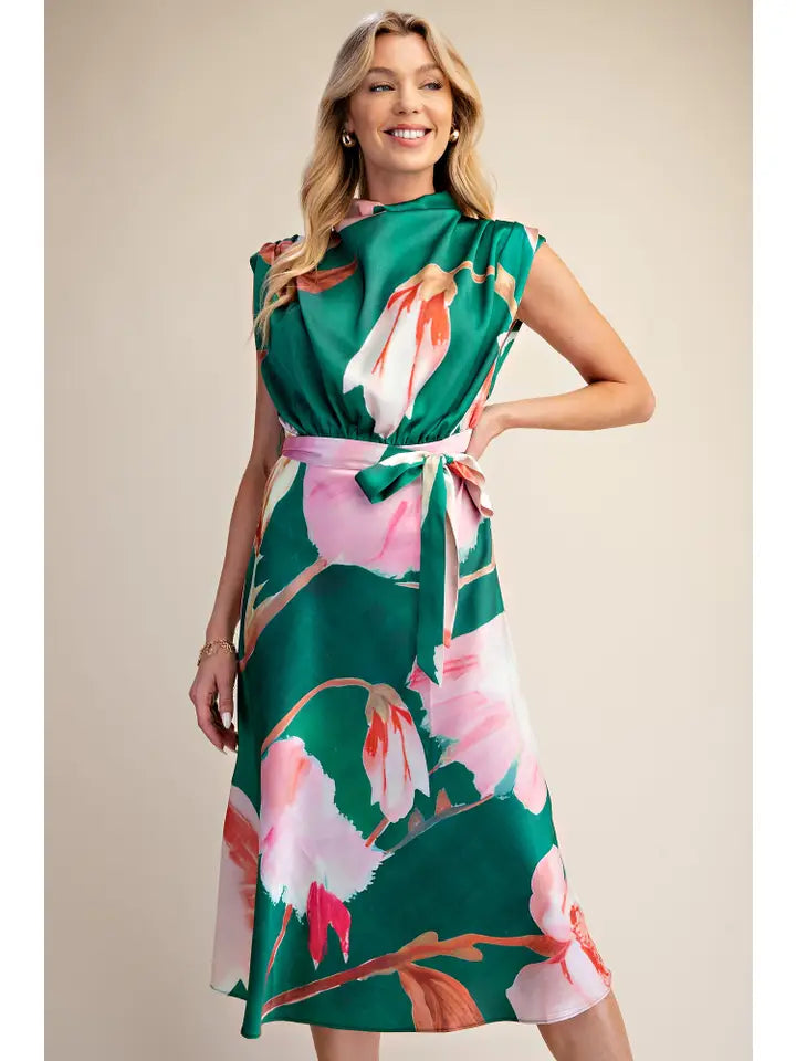 Floral Dress Cowl Neck Sleeveless Waist Tie Midi Satin