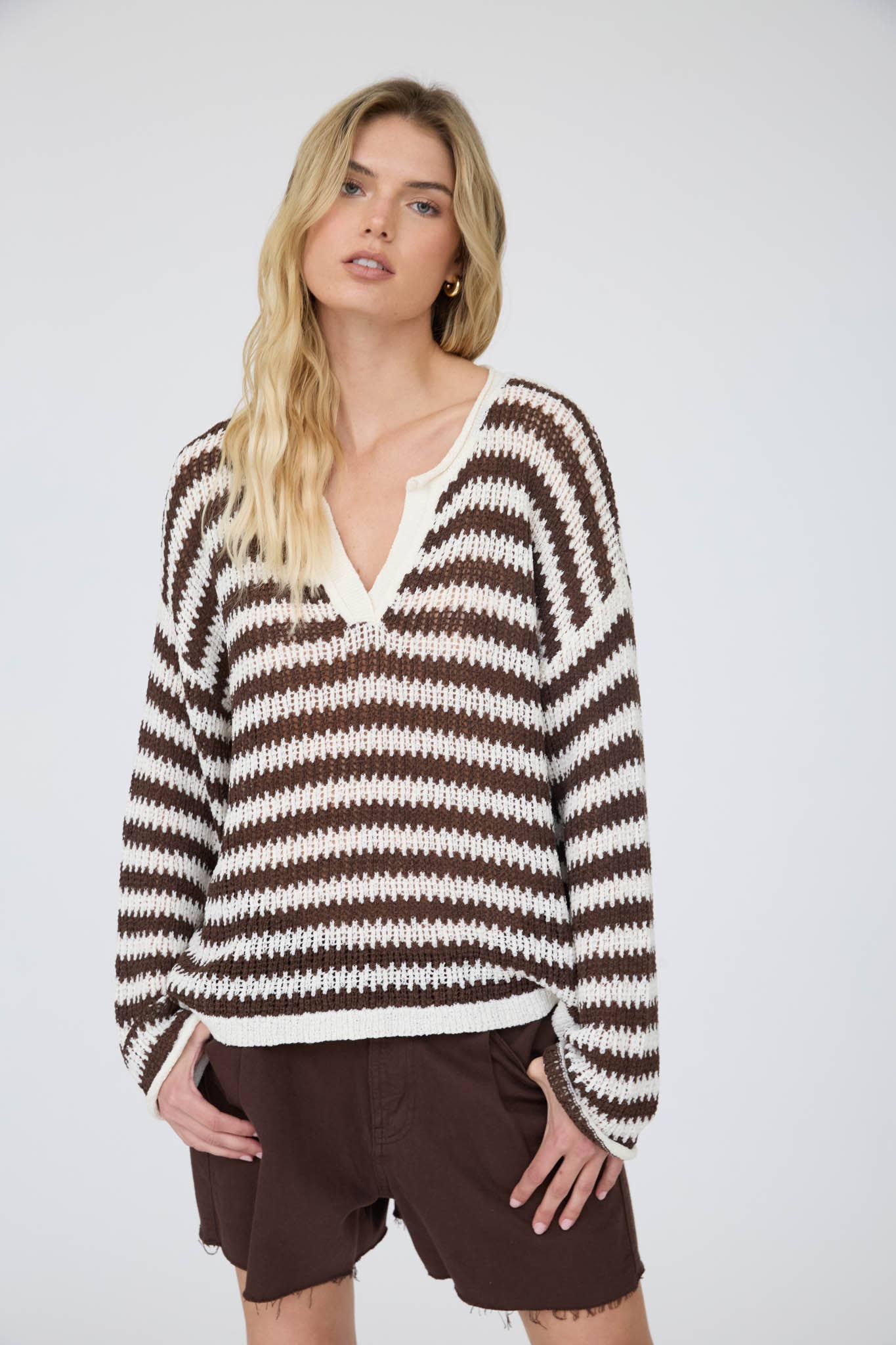 STRIPE RAW EDGE SPLIT NECK SWEATER