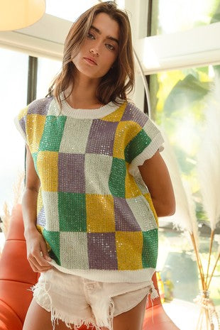 SEQUIN MARDI GRAS COLORS CHECKER SWEATER TOP