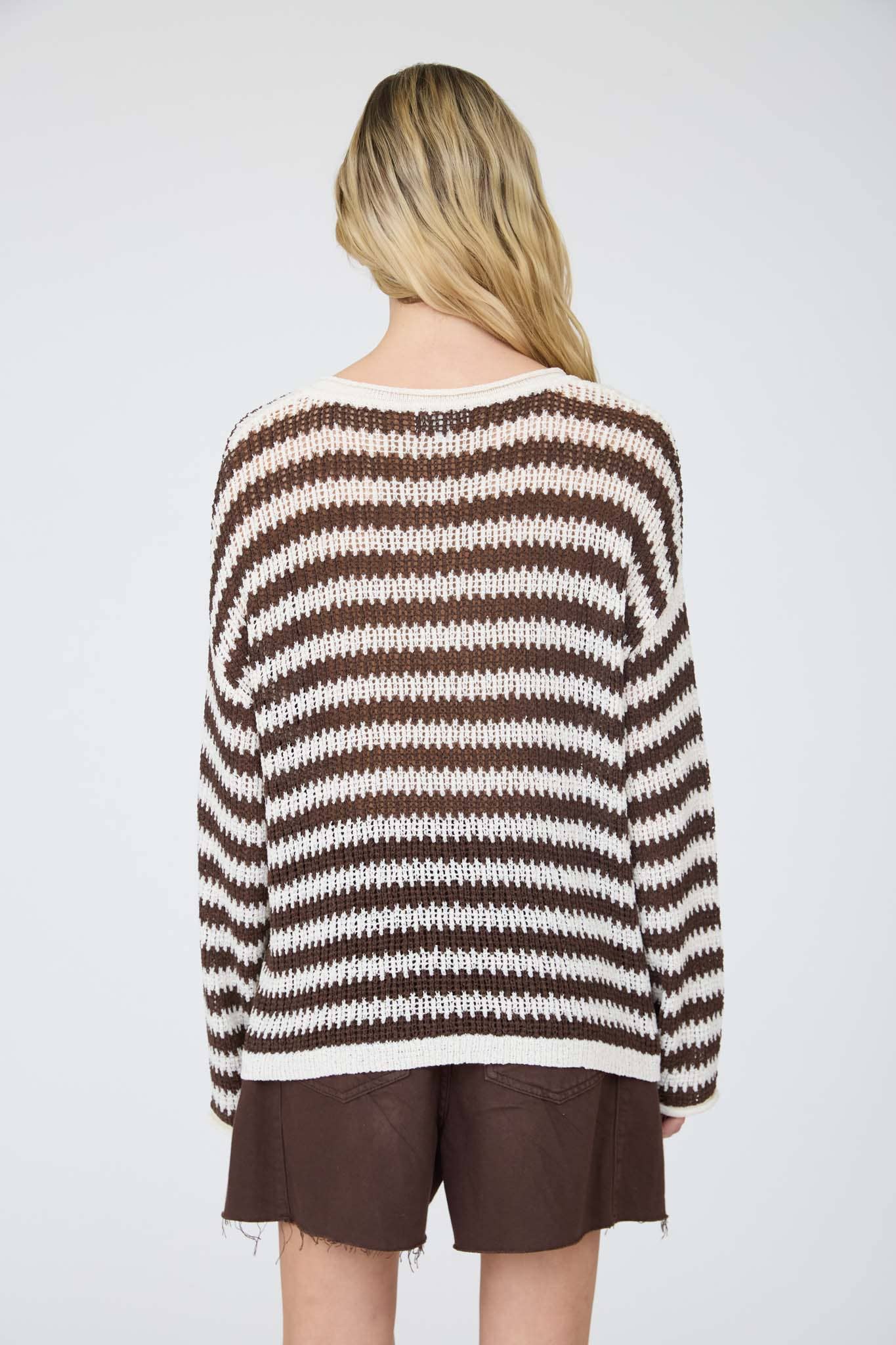 STRIPE RAW EDGE SPLIT NECK SWEATER