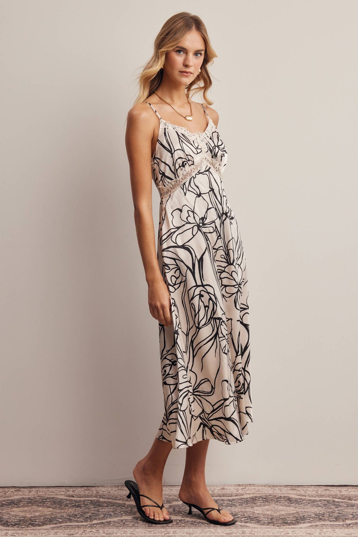 Lace Trim Floral Satin Midi Dress