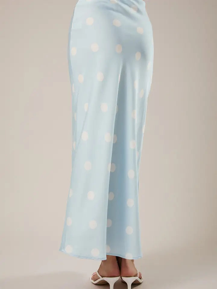 Satin Midi Skirt with Elastic Waist in Polka Dot