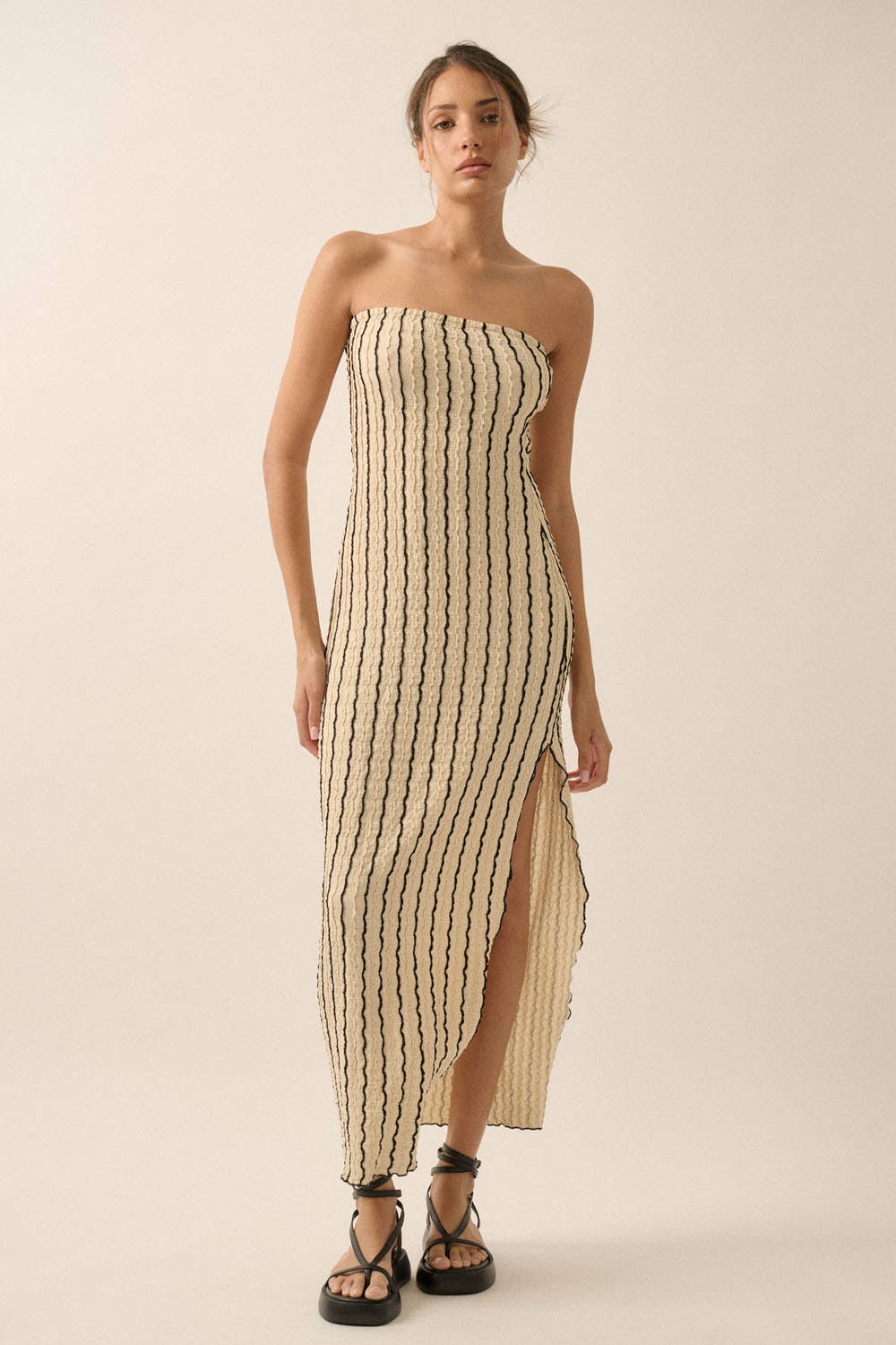 Textured Striped Knit Strapless Maxi Tube Dress
