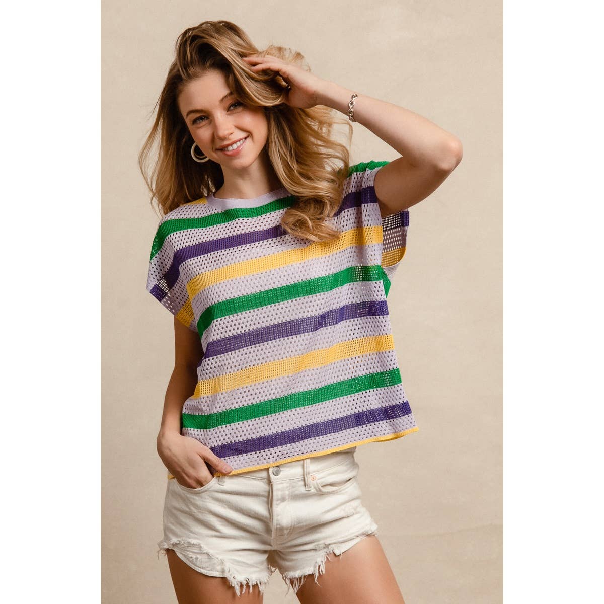 MARDI GRAS STRIPES SHORT DOLMAN SLEEVE KNIT TOP