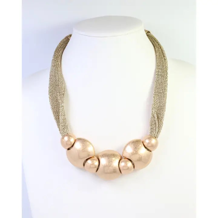 Woodstock Mesh Beaded Necklace Worn Gold