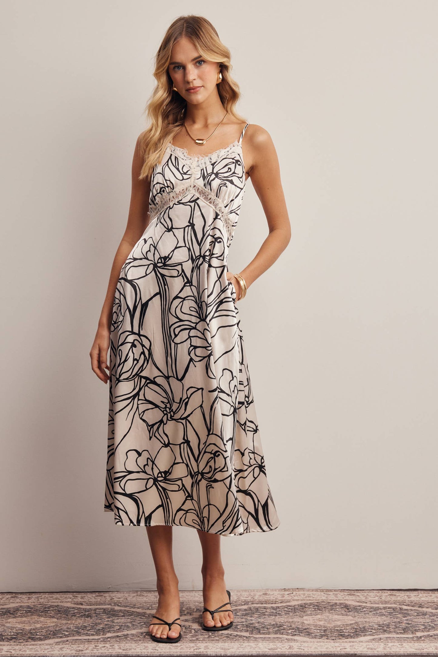 Lace Trim Floral Satin Midi Dress