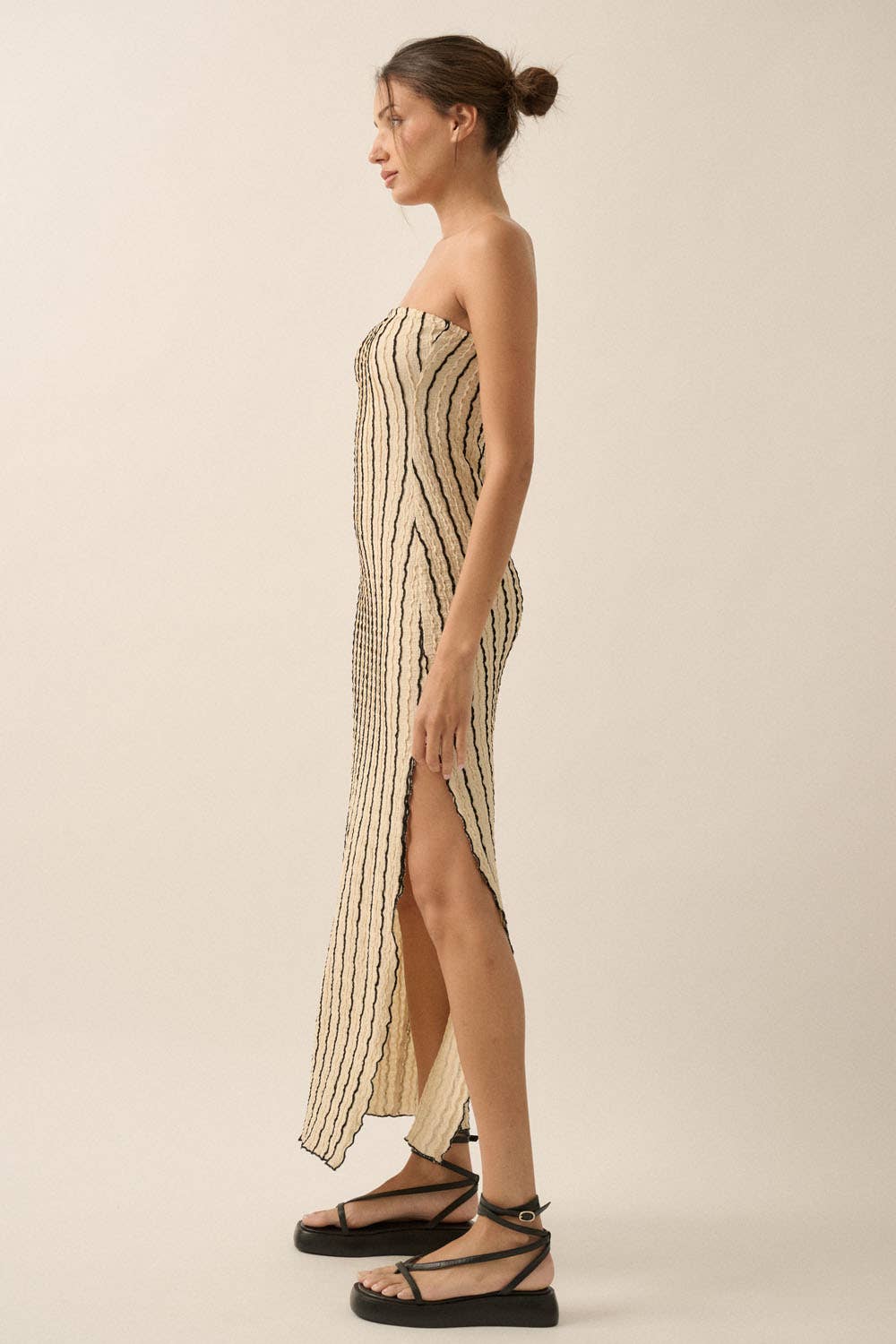 Textured Striped Knit Strapless Maxi Tube Dress