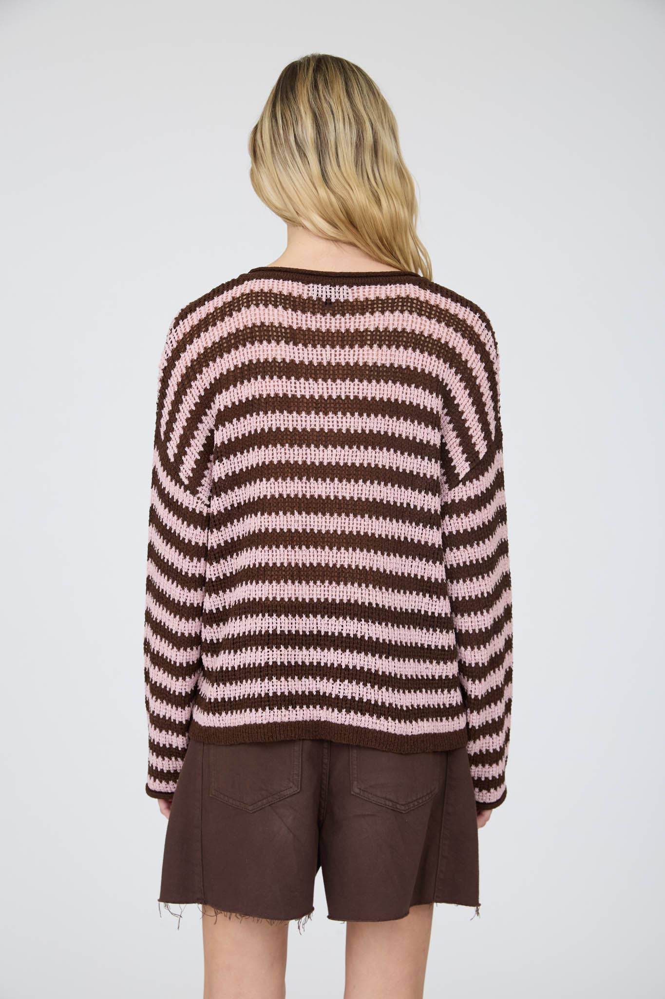 STRIPE RAW EDGE SPLIT NECK SWEATER