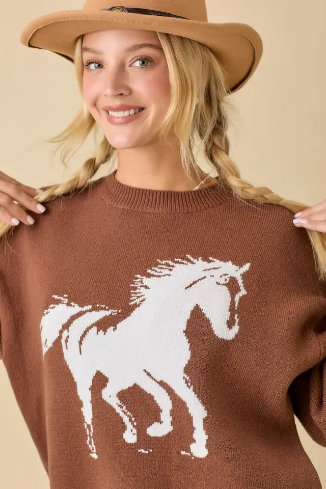 Horse Print Long Sleeve Sweater Knit