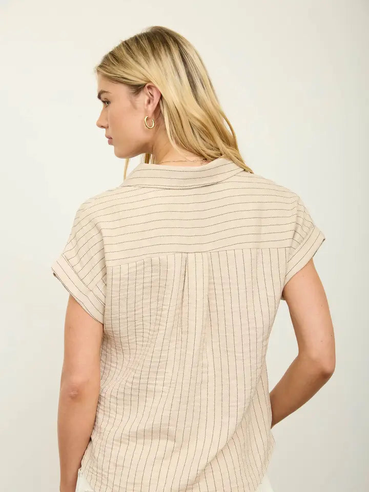 Stripe Collared Short Cuff Sleeve Half Button Top