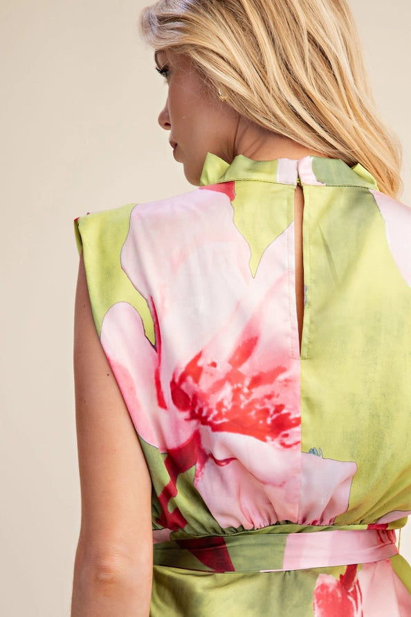 Floral Dress Cowl Neck Sleeveless Waist Tie Midi Satin