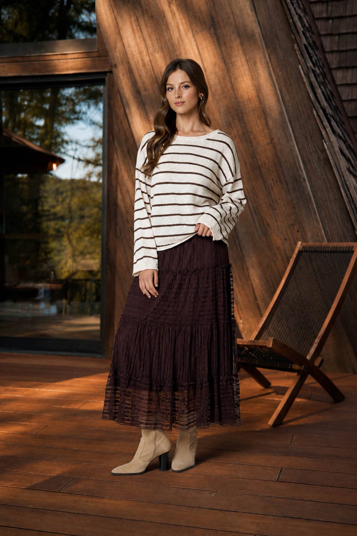STRIPE TEXTURED RAW EDGE LONG SLEEVE KNIT SWEATER-BACKORDER