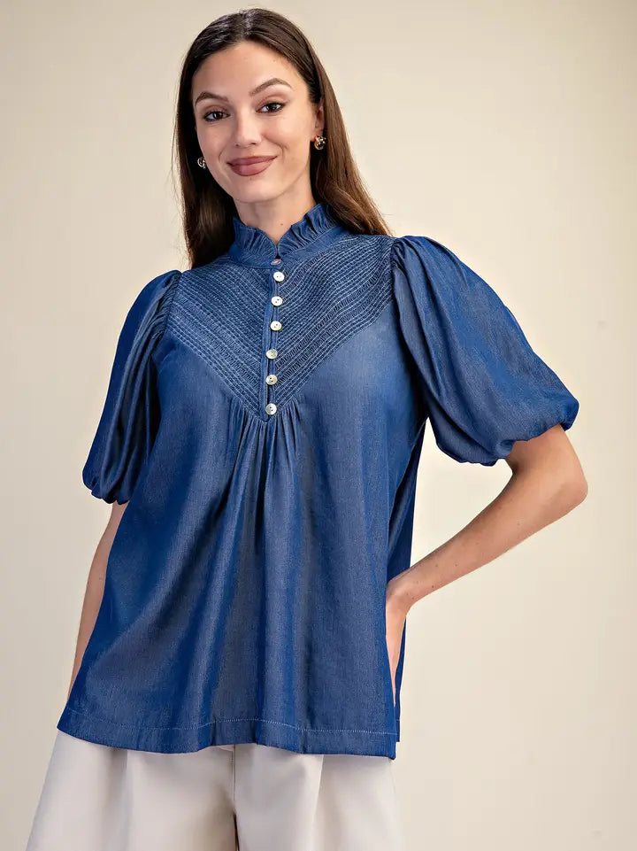 Puff Sleeve Blouse Ruffle Neck Smocked Detail