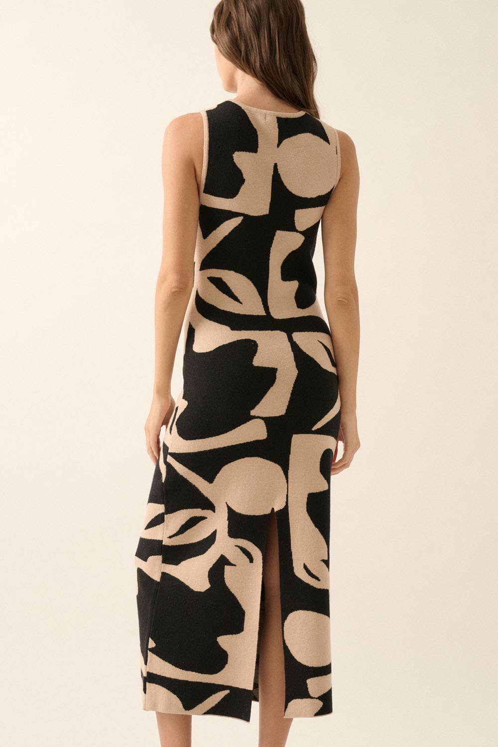 Abstract Floral Knit Sleeveless Midi Sweater Dress