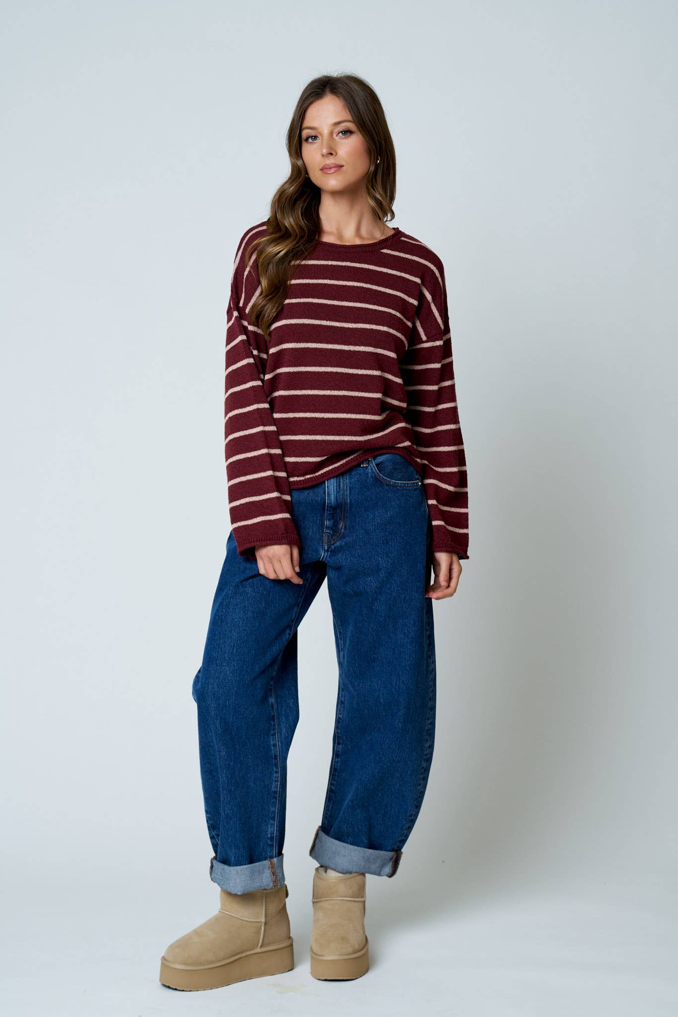 STRIPE TEXTURED RAW EDGE LONG SLEEVE KNIT SWEATER-BACKORDER