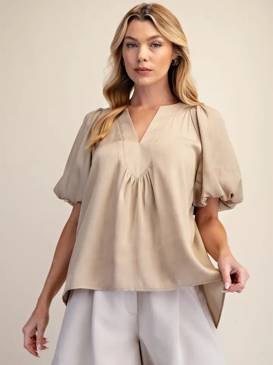 V-Neck Placket Balloon Sleeve Top