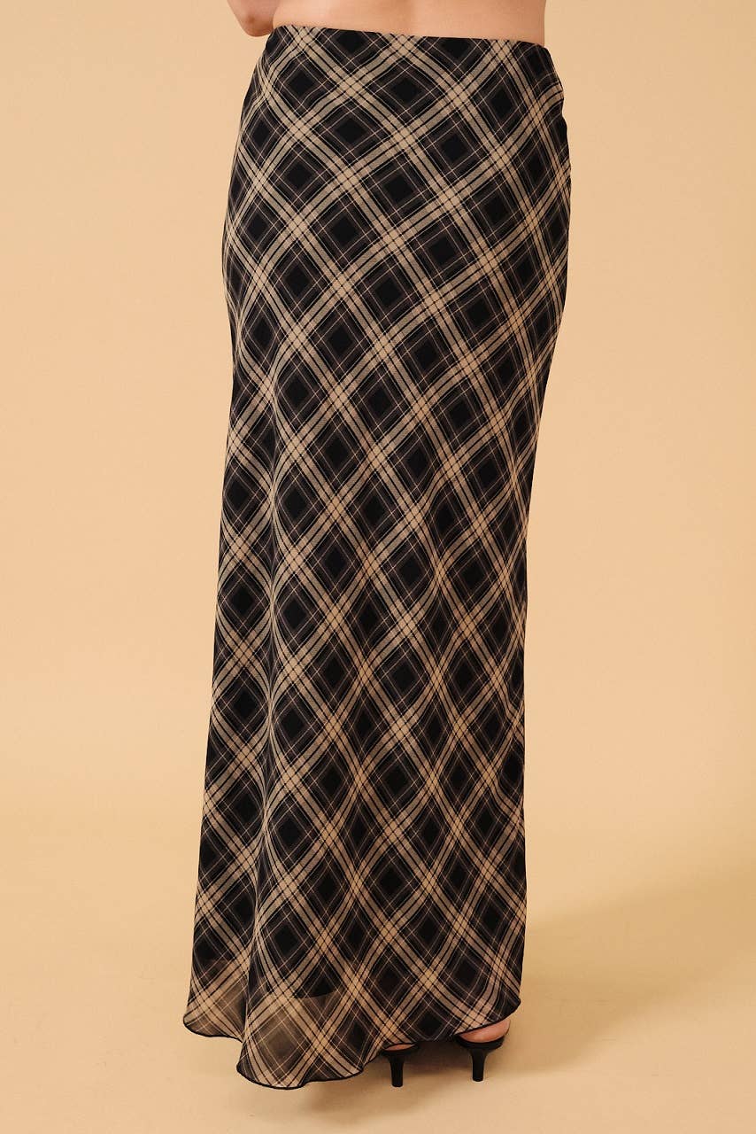 High Waist Plaid Chiffon Midi Skirt