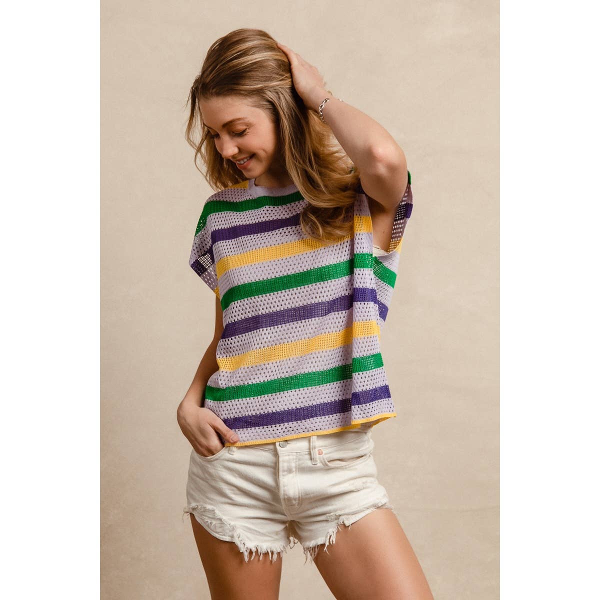 MARDI GRAS STRIPES SHORT DOLMAN SLEEVE KNIT TOP
