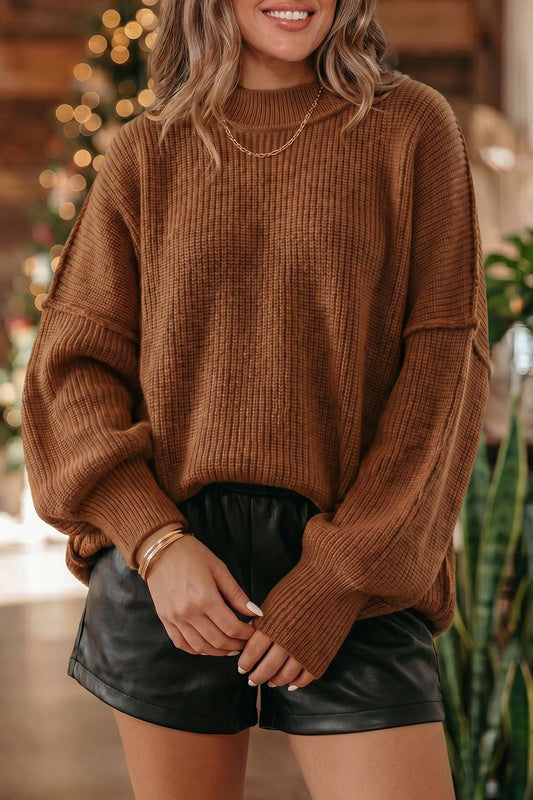 Chestnut Solid Color Mock Neck Oversized Tunic Sweater