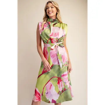 Floral Dress Cowl Neck Sleeveless Waist Tie Midi Satin