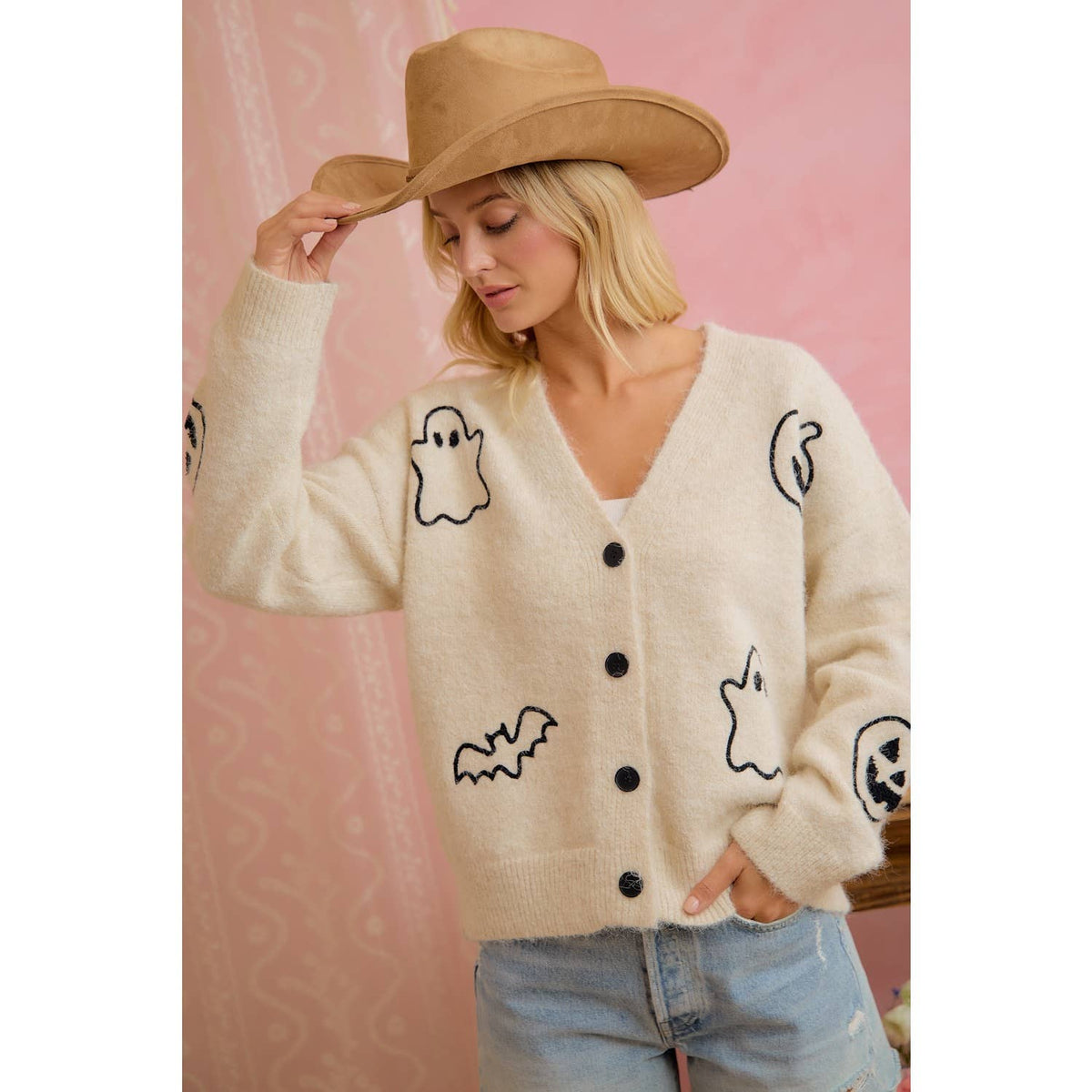 Halloween Ghost Pumpkin Button Cardigan