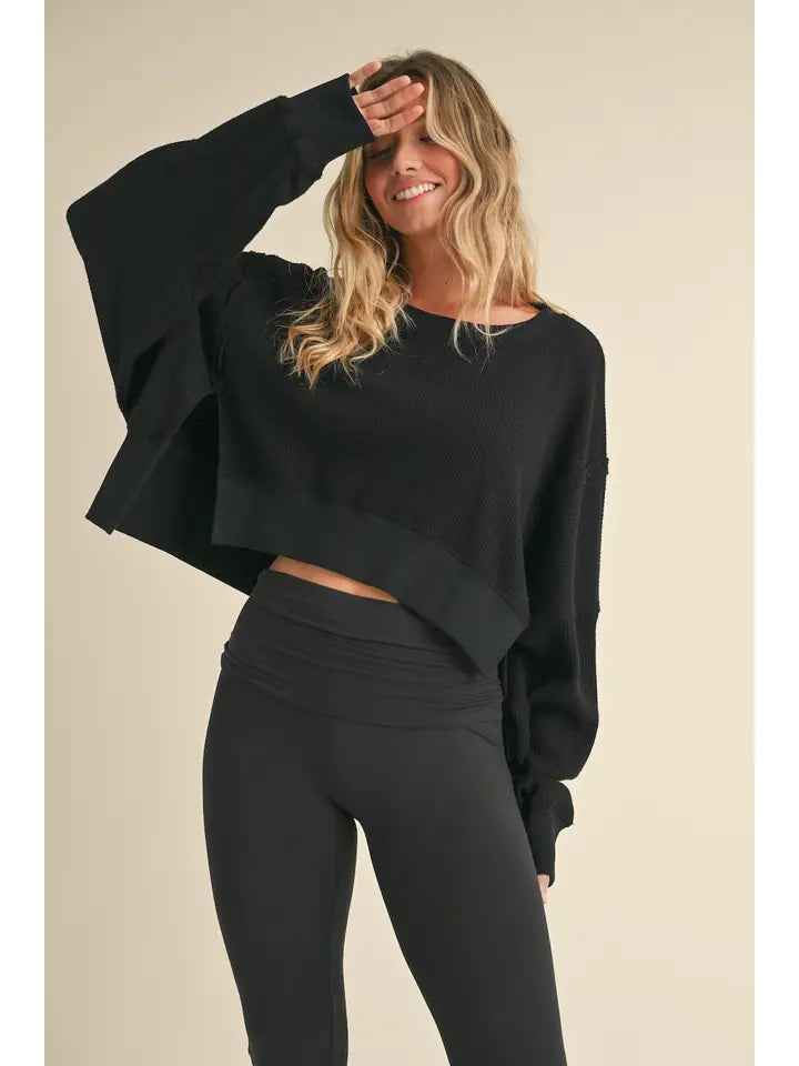 Waffle Knit Oversized Long Sleeve Top
