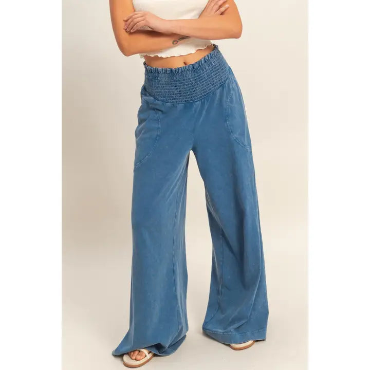 Mineral Washed Wide-Leg Smocked Waist Pants