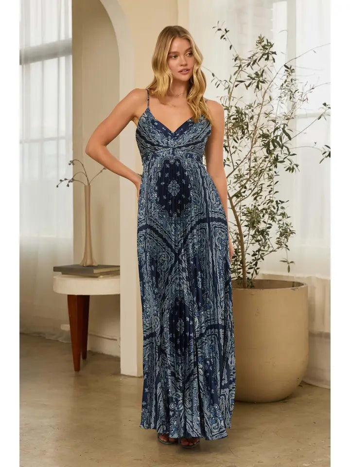 Bandana Print Pleated Maxi Dress