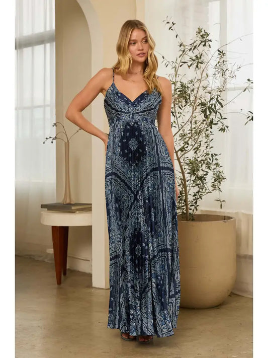 Bandana Print Pleated Maxi Dress