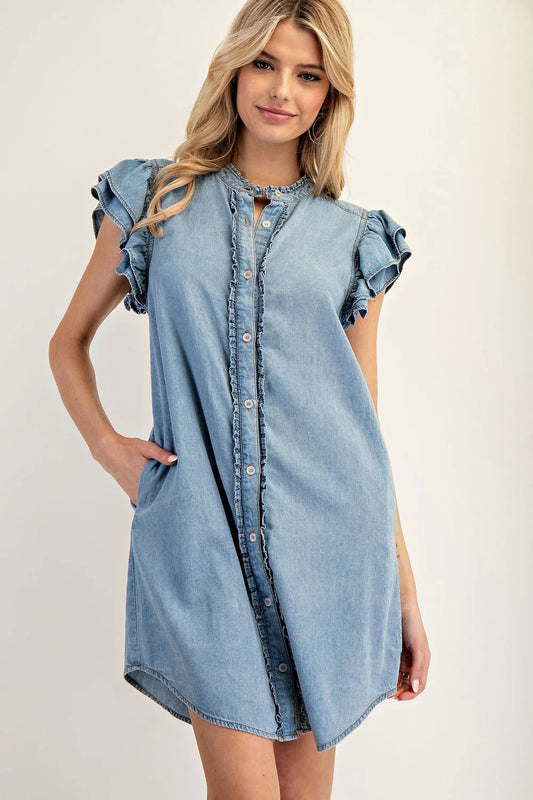 Button Down Ruffle Sleeve Mini Dress