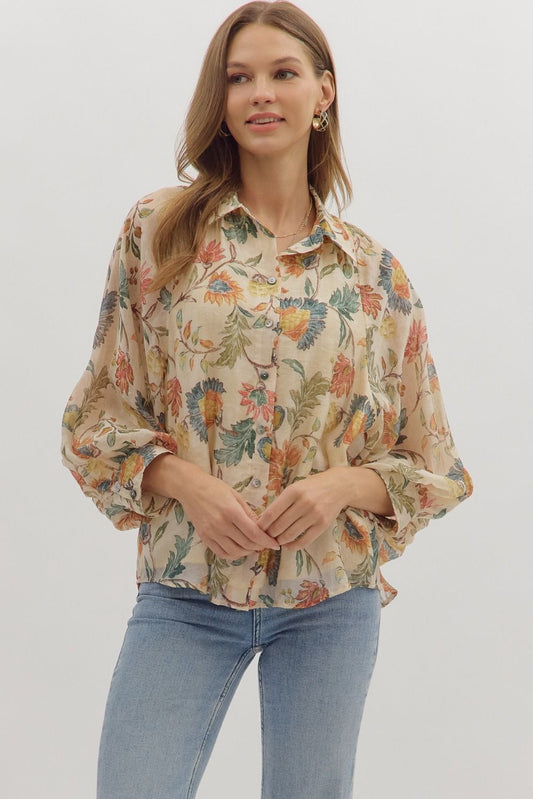 Floral Print Long Sleeve Button-down Top