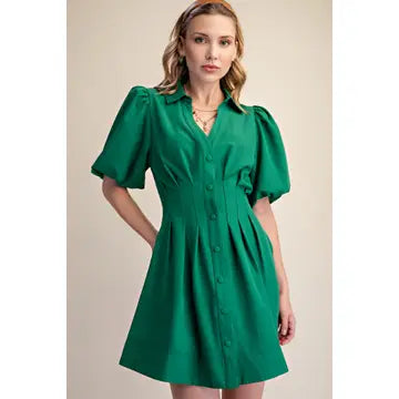 Shirt Dress Balloon Sleeve Waist Pleated Mini Fit & Flare