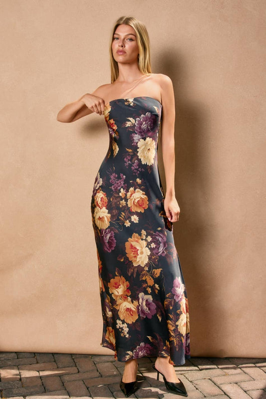 Hidden Haven Strapless Bias Cut Maxi Dress