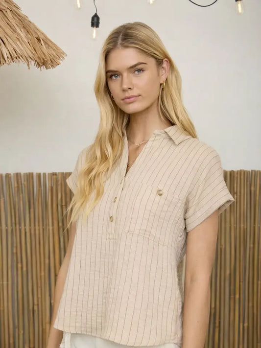 Stripe Collared Short Cuff Sleeve Half Button Top