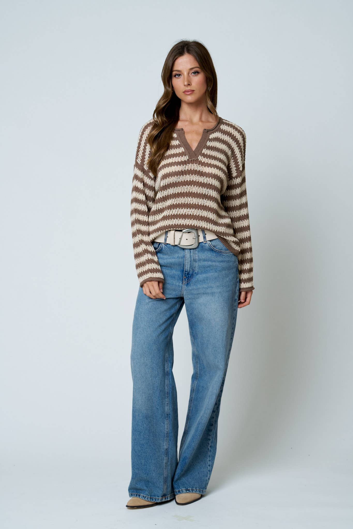 STRIPE RAW EDGE SPLIT NECK SWEATER