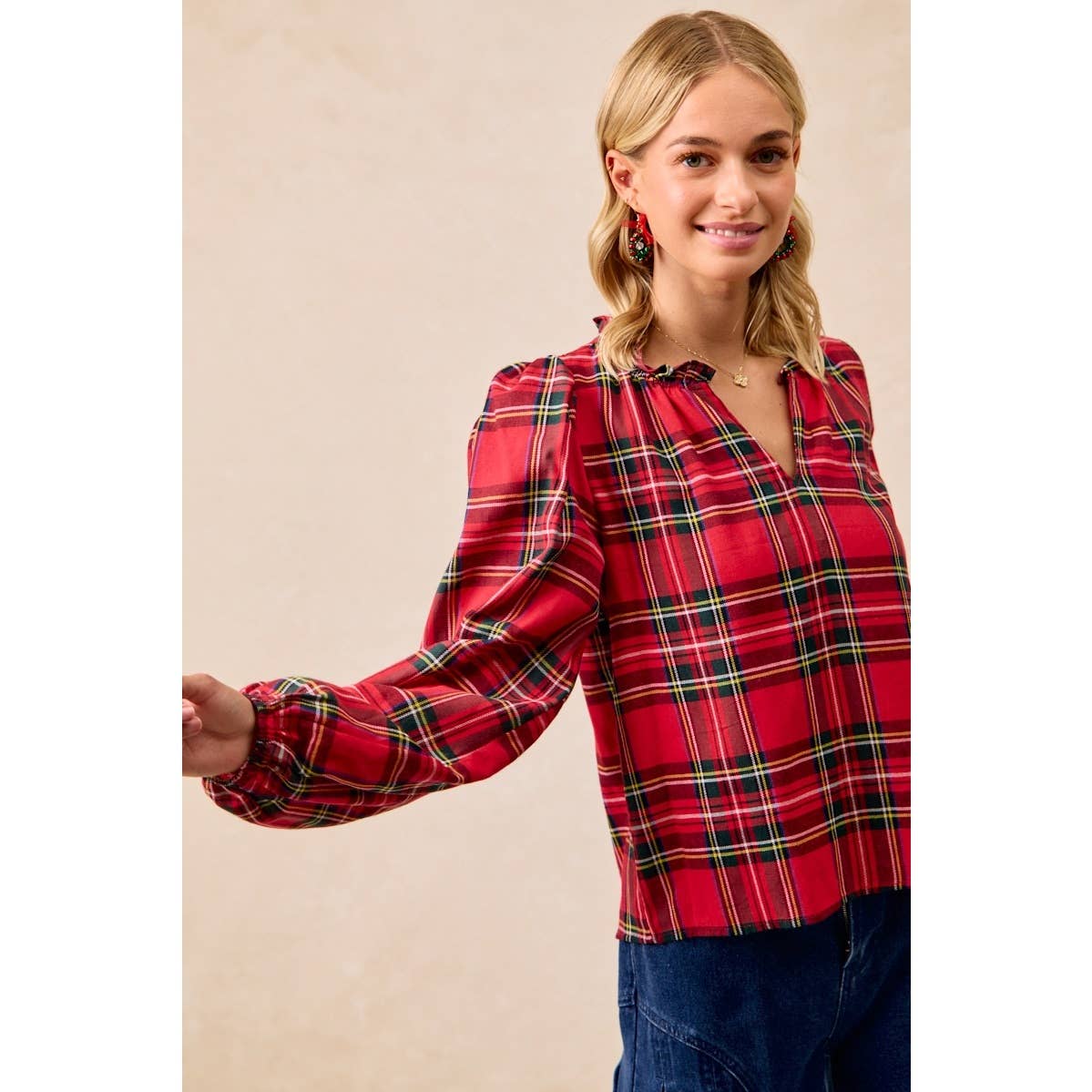 Christmas Plaid Balloon Sleeves Ruffled V-Neck Top