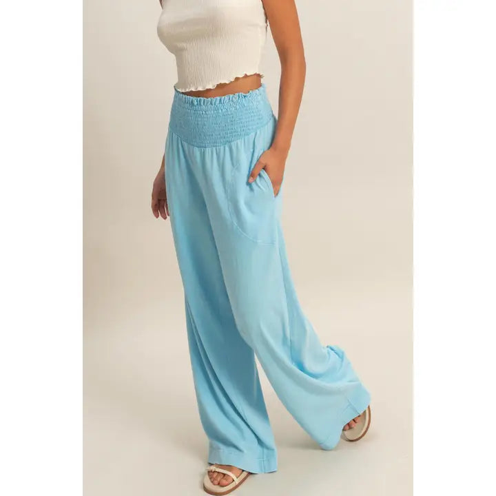 Mineral Washed Wide-Leg Smocked Waist Pants