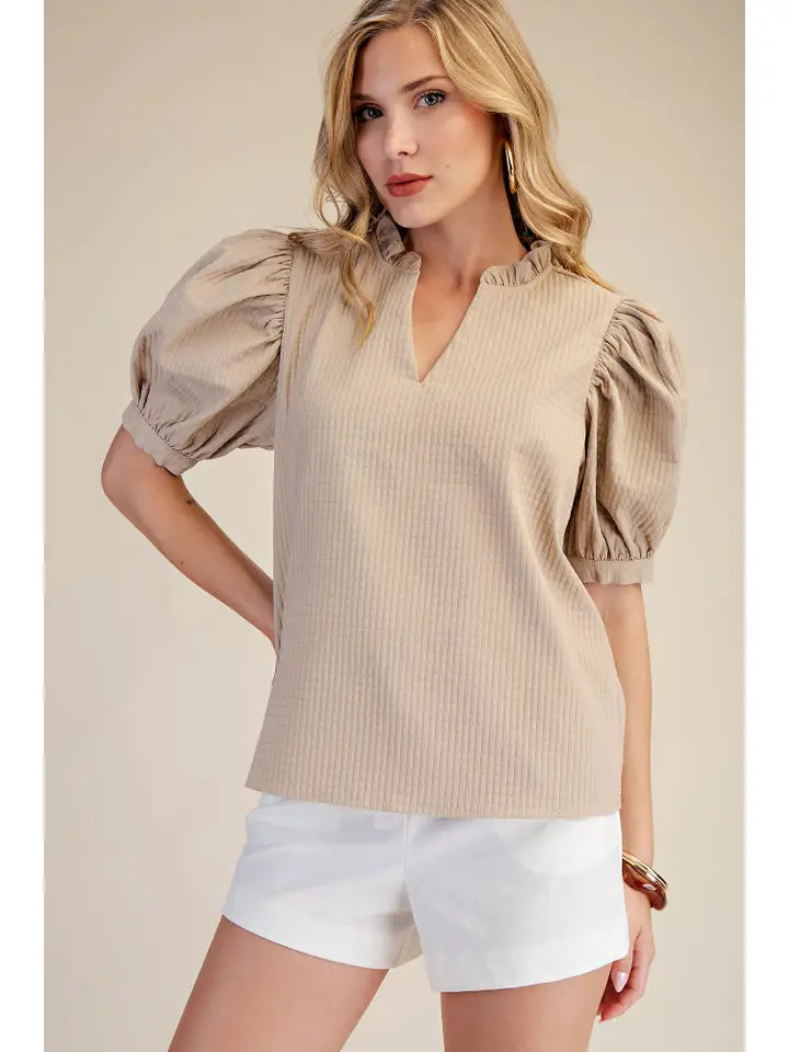 Ruffle V-Neck Puff Sleeve Top