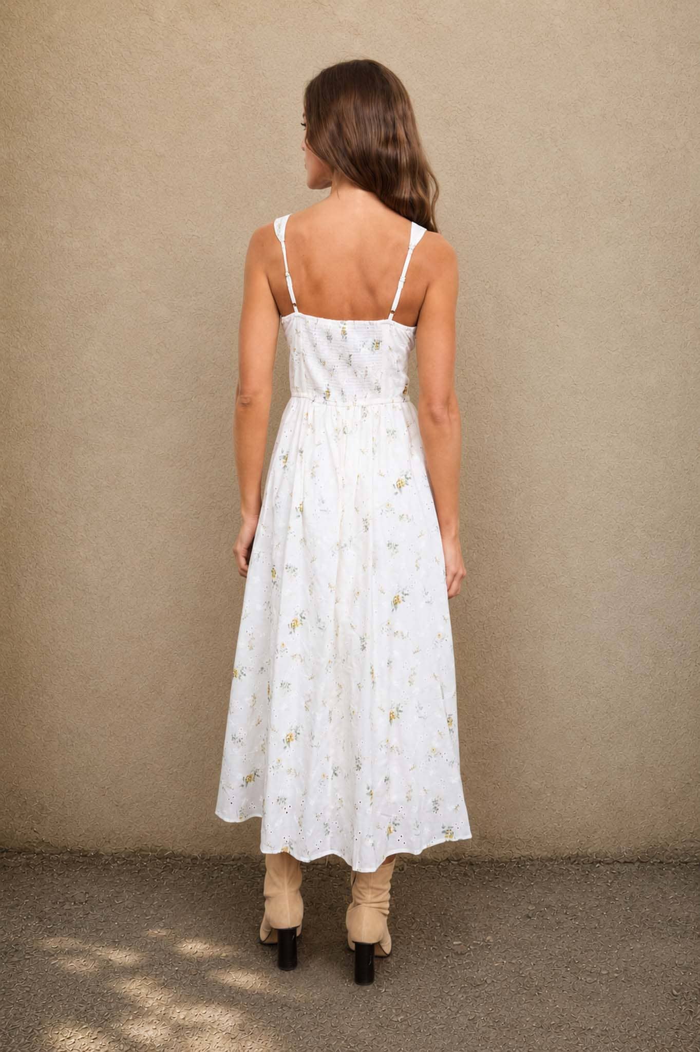 FLORAL EYELET TIE FRONT CORSET MIDI DRESS