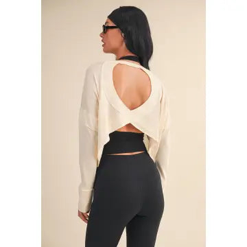 Cotton Slub Cutout Back Long Sleeve Layering Top