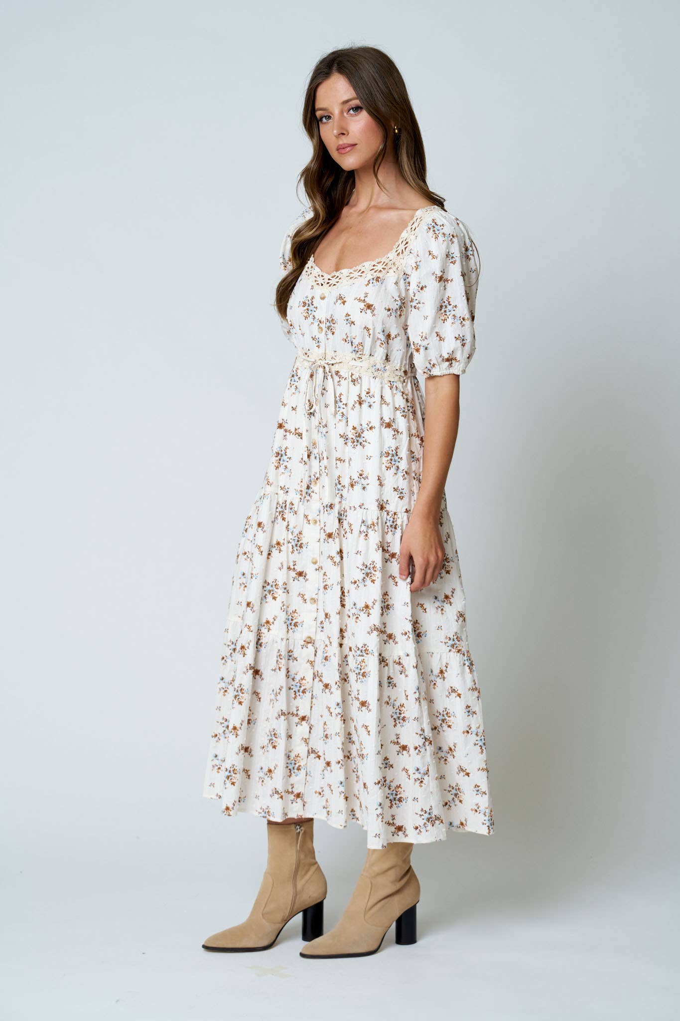 FLORAL CLIP DOT CROCHET LACE TRIM MIDI DRESS