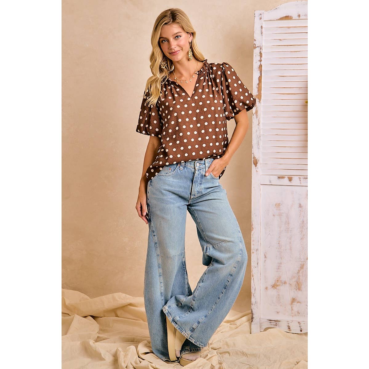 Polka Dot Printed Woven Ruffled V Neck Top