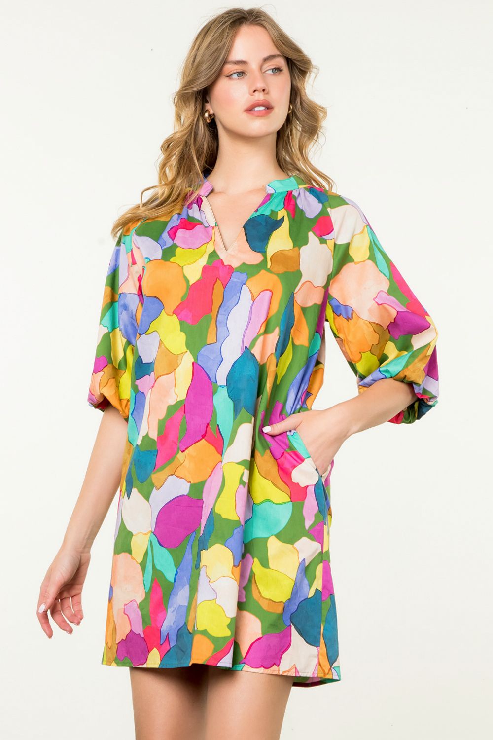 Puff Sleeve Multi Color Dress